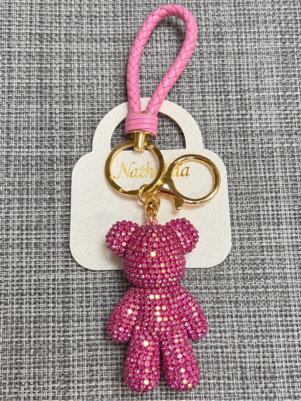 Natasha 💕Pink Crystal Teddy Bear 🧸Keychain Bag Charm with Gold Hardware -